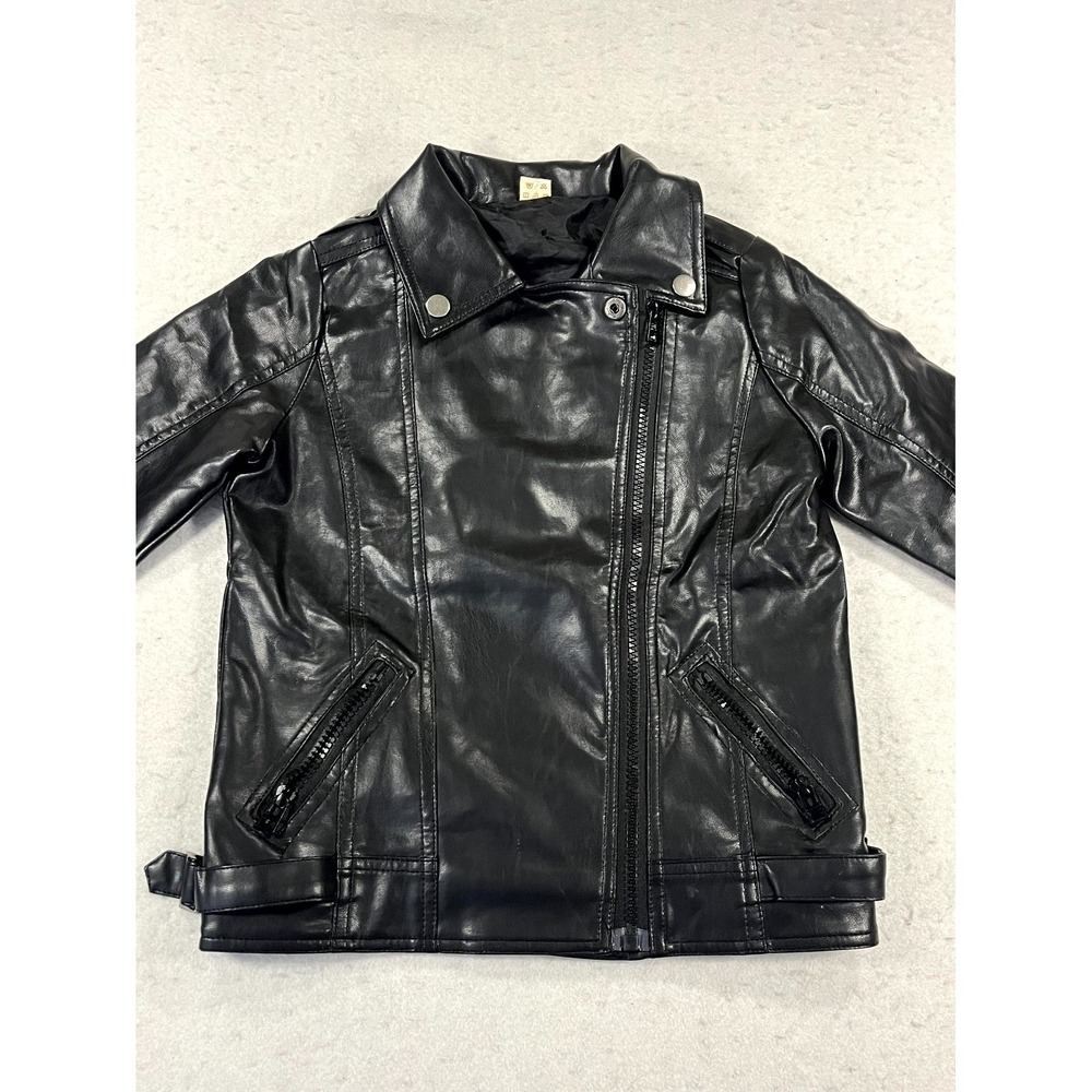 Kids Y2K Faux Leather Moto‎ Jacket Black Lined Asymmetrical Zip Racing Winter